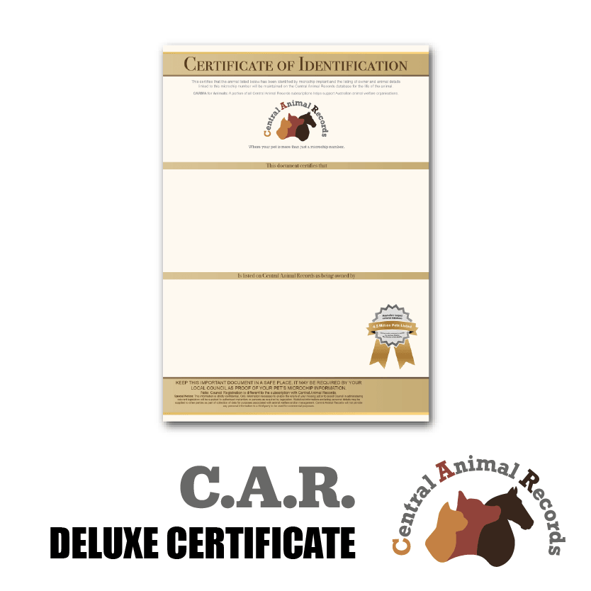 Deluxe Certificate (A4) - $15.00 - Central Animal Records
